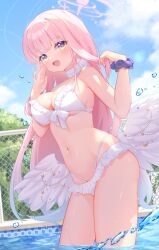 1girl absurdres akovo bikini blue_archive blue_sky blush breasts chain-link_fence choker cleavage cloud cloudy_sky commentary_request day feathered_wings fence frilled_bikini frilled_bikini_top frills gradient_eyes halo hands_up highres large_breasts long_hair looking_at_viewer low_wings mika_(blue_archive) mika_(swimsuit)_(blue_archive) multi-strapped_bikini_bottom multicolored_eyes navel official_alternate_costume official_alternate_hairstyle open_mouth pink_hair pink_halo pool scrunchie sky smile solo stomach swimsuit thighs water wet white_bikini white_choker white_wings wing_ornament wings wrist_scrunchie