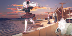 4girls :d ^_^ absurdres aru_(blue_archive) barefoot black_flower black_hair black_hoodie black_jacket black_skirt blue_archive blue_sky breasts brown_skirt building car chimney closed_eyes cloud commentary_request crack cracked_glass floating_hair flower fur-trimmed_jacket fur_trim grey_hair grey_shirt hair_between_eyes hair_flower hair_ornament halo haruka_(blue_archive) highres hood hood_down hoodie horns jacket kayoko_(blue_archive) long_hair medium_breasts motor_vehicle multicolored_hair multiple_girls mutsuki_(blue_archive) open_mouth outdoors outstretched_arms parted_bangs pier pink_hair plaid_clothes plaid_skirt power_lines red_skirt revision running ryeon_(naturesan) shirt short_sleeves side_ponytail skirt sky smile spread_arms squatting sunset two-tone_hair unworn_jacket utility_pole very_long_hair volkswagen_beetle water white_hair white_shirt window