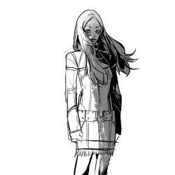 1girl belt clenched_hand denim_dress floating_hair long_hair looking_at_viewer monochrome nejikoujyouo shaded_face shadow shin_megami_tensei shin_megami_tensei_iii:_nocturne sketch solo tachibana_chiaki_(megami_tensei) white_background