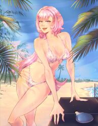 Rule 34 | 1girl, ball, beach, bikini, blue eyes, blue sky, breasts, cleavage, commentary, day, elf, elysia (honkai impact), english commentary, highres, honkai (series), honkai impact 3rd, kflowerstorm, long hair, medium breasts, navel, ocean, open mouth, outdoors, paddle, palm tree, pink hair, pointy ears, purple bikini, sky, solo, stomach, swimsuit, table tennis, table tennis ball, table tennis paddle, thighs, tree, very long hair