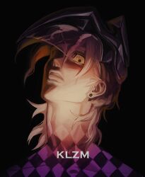 Rule 34 | 1boy, argyle skin, black background, black helmet, blonde hair, colored sclera, earrings, fusion, helmet, highres, jewelry, jojo no kimyou na bouken, kzlmmmmm, looking at viewer, male focus, messy hair, pannacotta fugo, parted lips, portrait, purple haze (stand), solo, stand (jojo), stud earrings, teeth, vento aureo, yellow sclera