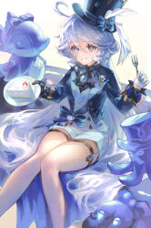 1girl absurdres ascot asymmetrical_gloves black_ascot black_gloves blue_eyes blue_gemstone blue_hair blue_hat blue_jacket cake cake_slice feet_out_of_frame food fork furina_(genshin_impact) gem genshin_impact gentilhomme_usher gloves hair_between_eyes hat highres holding holding_fork holding_plate jacket long_hair long_sleeves looking_at_viewer mademoiselle_crabaletta mismatched_gloves mismatched_pupils osushi_tabetarou plate shorts sitting smile solo surintendante_chevalmarin top_hat white_gloves white_shorts