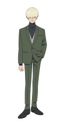 1boy black_shirt black_shoes blonde_hair bowl_cut char_aznable dress_shoes formal_clothes full_body green_pants green_suit grey_vest gundam gundam_gquuuuuux hair_over_eyes hand_in_pocket highres male_focus official_art pants shirouzu_(gundam) shirt shoes short_hair simple_background solo standing suit transparent_background turtleneck turtleneck_shirt vest