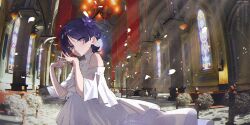 1boy 3d_background absurdres bench blunt_ends blunt_sidelocks blush bouquet church closed_mouth clothing_cutout commission crossdressing day dress falling_petals flower genshin_impact hair_flower hair_ornament hands_up highres indoors looking_at_viewer looking_to_the_side male_focus petals pillar purple_eyes purple_flower purple_hair red_flag scaramouche_(genshin_impact) shoulder_cutout sidelighting sidelocks signature smile solo standing steepled_fingers sunlight trap turtleneck turtleneck_dress wanderer_(genshin_impact) wedding_dress wide_sleeves yumekaleid