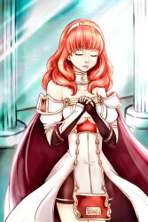 1girl absurdres armor black_gloves black_skirt breastplate cape celica_(fire_emblem) choker closed_eyes dress fingerless_gloves fire_emblem fire_emblem_echoes:_shadows_of_valentia gloves highres long_hair nintendo orange_hair own_hands_clasped own_hands_together pillar praying priestess princess red_hair skirt solo temple tiara tinydragonart white_armor white_dress