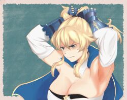 &gt;:( 1girl absurdres armpits arms_up bare_shoulders blonde_hair blue_capelet blue_eyes blue_gloves breasts capelet cleavage commentary english_commentary genshin_impact gloves highres jean_(genshin_impact) large_breasts long_hair mashiba_(mashiba000) shirt sidelocks solo strapless strapless_shirt tying_hair upper_body v-shaped_eyebrows white_shirt