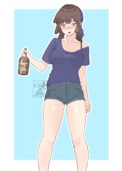 1girl absurdres alcohol aqua_background artist_logo black_hair blue_eyes blue_ribbon blue_shirt blue_shorts blush bottle denim denim_shorts drunk feet_out_of_frame hair_ribbon highres kantai_collection logo mogador_(kancolle) nose_blush ribbon sakurai_nana_(moshichi) shirt shorts sidelocks solo two-tone_background whiskey