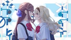 2girls arm_at_side bag black_hairband blonde_hair bow bowtie brown_hair buttons closed_mouth cloud cloudy_sky collared_shirt commentary day eye_contact face-to-face floating_hair from_side hair_ribbon hairband highres letterboxed long_hair looking_at_another multiple_girls outdoors outside_border parted_lips pink_eyes profile purple_eyes purple_ribbon railroad_crossing railroad_signal raven_(rnzraven) red_bow red_bowtie ribbon road_closed_to_vehicles_sign road_sign saijou_claudine shirt short_sleeves shoujo_kageki_revue_starlight shoulder_bag sidelocks sign sky smile tendou_maya upper_body white_shirt