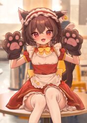 Rule 34 | 1girl, :3, :d, absurdres, alternate costume, animal ear fluff, animal ear piercing, animal ears, animal hands, apron, black gloves, blurry, blurry background, blush, bow, bowtie, breasts, brown eyes, brown hair, cat ears, cat girl, cat tail, chen, crossed bangs, dress, earrings, enmaided, fangs, feet out of frame, frilled hairband, frills, gloves, hair between eyes, hairband, hands up, highres, hoop earrings, indoors, jewelry, knees together feet apart, looking at viewer, maid, maid apron, maid headdress, multiple tails, nekomata, on table, open mouth, paw gloves, paw print, petite, petticoat, puffy short sleeves, puffy sleeves, qiu ju, red dress, red eyes, red hairband, short hair, short sleeves, single earring, sitting, slit pupils, small breasts, smile, solo, table, tail, thighhighs, touhou, two tails, waist apron, white apron, white thighhighs, yellow bow, yellow bowtie
