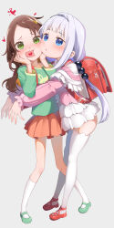 2girls absurdres backpack bag beads blue_eyes brown_hair cheek-to-cheek cheek_squash green_eyes green_shirt hair_beads hair_ornament heads_together heart heart_in_mouth highres kanna_kamui kneehighs kobayashi-san_chi_no_maidragon long_hair long_sleeves mary_janes multiple_girls open_mouth purple_hair randoseru red_bag red_shoes red_skirt saikawa_riko shiratama_mochi shirt shoes skirt socks thighhighs twintails white_socks white_thighhighs yuri