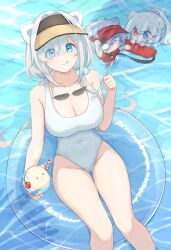 Rule 34 | 10 (xknn5488), 1girl, :q, animal ears, arknights, aurora (arknights), blue eyes, breasts, caustics, character request, chibi, closed mouth, commentary, covered navel, day, eyewear on head, gluteal fold, groin, hair intakes, holding, holding spoon, innertube, jaye (arknights), korean commentary, large breasts, long hair, looking at viewer, one-piece swimsuit, outdoors, rosa (arknights), smile, solo, spoon, sunglasses, swim ring, swimsuit, thigh gap, tongue, tongue out, unworn eyewear, visor cap, water, white hair, white one-piece swimsuit