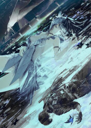 1boy 1girl armlet bare_shoulders black_flower black_gloves black_hair black_jacket black_pants blake_bloom_(wuthering_waves) blue_butterfly blue_eyes blue_hair blue_nails breasts bug butterfly commentary_request dress flower gloves grand_piano hand_up highres holding holding_sword holding_weapon insect instrument jacket jewelry long_hair lying male_rover_(wuthering_waves) medium_breasts nail_polish on_back pangu_terminal_(wuthering_waves) pants parted_lips piano rover_(wuthering_waves) scabbard sheath sheathed shorekeeper_(wuthering_waves) sleeveless sleeveless_dress sleeves_rolled_up sword tacet_mark_(wuthering_waves) two-tone_veil veil weapon white_dress white_veil wuthering_waves yoshi_(houndbell)