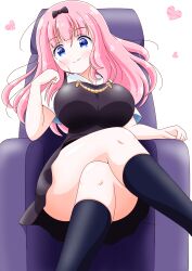 1girl black_bow blue_eyes bow breasts couch fujiwara_chika heart imai_kazunari kaguya-sama_wa_kokurasetai_~tensai-tachi_no_renai_zunousen~ large_breasts long_hair pink_hair school_uniform short_sleeves socks thighs