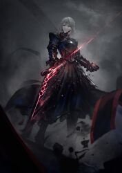 1girl armor armored_dress artoria_pendragon_(fate) black_armor black_dress blonde_hair braid closed_mouth commentary corruption dark_knight dark_persona dress excalibur_morgan_(fate) fate/stay_night fate_(series) fuyukono gauntlets heaven&#039;s_feel highres holding holding_sword holding_weapon pale_skin planted planted_sword planted_weapon saber_alter saber_alter_(second_ascension) short_hair sidelocks solo sword weapon yellow_eyes