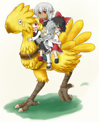 1boy 2girls armor ascot bird blonde_hair bow buront chocobo crossover detached_sleeves drooling elf elvaan final_fantasy frilled_bow frilled_hair_tubes frills grey_hair hair_bow hair_ribbon hair_tubes hakurei_reimu holding holding_another&#039;s_waist holding_reins mouth_drool multiple_girls nice_(artist) open_mouth pointy_ears red_ascot red_eyes red_ribbon reins ribbon ribbon-trimmed_sleeves ribbon_trim riding riding_animal riding_bird rumia saddle short_hair sweatdrop the_iron_of_yin_and_yang touhou yellow_ascot yellow_bird
