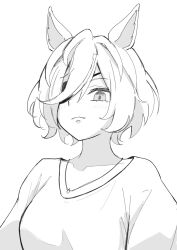 Rule 34 | 1girl, absurdres, alternate costume, animal ears, closed mouth, commentary request, eyepatch, hair between eyes, highres, horse ears, horse girl, looking at viewer, miya nns35, multicolored hair, shirt, short hair, simple background, solo, streaked hair, tanino gimlet (umamusume), umamusume, upper body, wavy mouth, white background