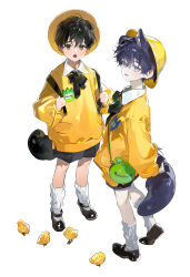 2boys animal_ear_fluff animal_ears aqua_eyes bag bird black_hair black_ribbon blue_hair brown_eyes brown_shoes chick chicken commentary full_body hat highres kindergarten_uniform kneepits looking_at_viewer male_focus multiple_boys neck_ribbon nykim0915 open_mouth original pale_skin ribbon school_hat shoes simple_background socks standing symbol-only_commentary tail white_socks wing_collar