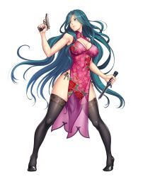 1girl aqua_eyes aqua_hair bdsm black_thighhighs blush bondage bound breasts chinese_clothes cleavage cleavage_cutout clothing_cutout curvy dress female_focus full_body gun high_heels highleg highleg_dress highres holding holding_weapon injury knife large_breasts lilith-soft long_hair looking_back makishima_ayame nail_polish no_bra panties pink_nails see-through_clothes shiny_skin side-tie_panties simple_background solo spread_legs standing striped_clothes striped_panties sweat taimanin_(series) taimanin_kurenai taimanin_rpgx thighhighs thong underwear very_long_hair weapon white_background zol
