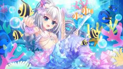 1girl alternate_hair_length alternate_hairstyle blue_eyes blue_gemstone bracelet breasts bubble butterflyfish cardboard_cutout clownfish coral coral_hair_ornament dot_nose film_grain fish game_cg gem harp high_ponytail holding holding_instrument instrument izumi_tsubasu jewelry lens_flare long_hair mermaid monster_girl nishidate_haku non-web_source official_art open_mouth pearl_bracelet pink_wrist_cuffs ponytail re:stage! red_gemstone regal_blue_tang shell shell_bikini shell_hair_ornament small_breasts smile solo sparkle star_(symbol) underboob white_hair wrist_cuffs