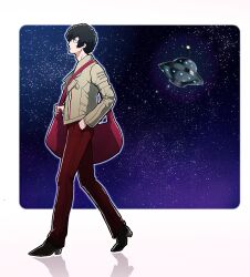 1boy bag beard_stubble black_hair black_shoes border brown_pants catherine_(game) facial_hair from_side full_body hand_in_pocket highres hoshi_(star-name2000) jacket male_focus messy_hair night night_sky pants reflection reflective_floor shoes shoulder_bag sky solo spacecraft star_(sky) stubble vincent_brooks walking white_background