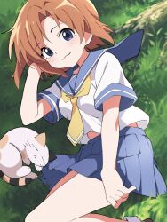 1girl :3 blue_eyes blue_sailor_collar blue_skirt blush brown_shoes closed_mouth feet_out_of_frame grass highres higurashi_no_naku_koro_ni looking_at_viewer necktie niyane orange_hair outdoors parted_bangs pleated_skirt ryuuguu_rena sailor_collar school_uniform serafuku shirt shoes short_hair short_sleeves sitting skirt smile socks solo white_shirt white_socks yellow_necktie