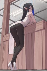 1girl absurdres ass asymmetrical_bangs bare_shoulders black_hair black_pantyhose blue_archive blue_eyeliner blue_hair blue_halo breasts closed_mouth eyeliner glasses halo happening18 highres long_hair makeup multicolored_hair panties pantyhose pantyshot pointy_ears rail_a rimless_eyewear rin_(blue_archive) underwear