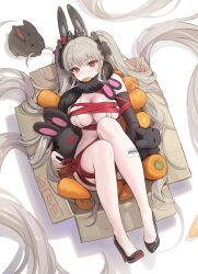 1girl animal_ears azur_lane barcode black_shoes blush box breasts cardboard_box carrot cleavage commentary cross_hair_ornament fake_animal_ears formidable_(azur_lane) formidable_(rockin&#039;_encore)_(azur_lane) fur_collar grey_hair hair_ornament hansum high_heels highres in_box in_container long_hair looking_at_viewer lying mechanical_ears medium_breasts official_alternate_costume on_back rabbit rabbit_ears red_eyes red_ribbon ribbon shadow shoes solo stuffed_animal stuffed_rabbit stuffed_toy tied_breast twintails very_long_hair