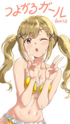 1girl ;o bang_dream! bare_shoulders bikini blonde_hair frilled_bikini frilled_bikini_top frills hair_ornament highres ichigaya_arisa long_hair looking_at_viewer mihaya_(mihaya1818) navel one_eye_closed open_mouth simple_background solo sweatdrop swimsuit teeth twintails upper_body upper_teeth_only v white_background x_hair_ornament yellow_bikini yellow_eyes