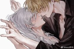 2boys anouchka_cash becoming_a_god_in_the_zerg_world_by_livestreaming_bl_novels blonde_hair couple eye_contact face-to-face forehead-to-forehead grey_hair hair_between_eyes heads_together highres holding holding_hands imminent_kiss interlocked_fingers keusthedoggie light_blush long_hair long_sleeves looking_at_another lying male_focus multiple_boys open_mouth profile shi_cunjin shirt short_hair white_hair white_shirt