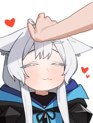 Rule 34 | 1girl, :3, absurdres, animal ears, arknights, cat ears, cat girl, closed eyes, closed mouth, grey hair, headpat, heart, highres, holypotato0, long hair, portrait, rosmontis (arknights), simple background, smile, solo focus, white background