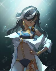 Rule 34 | 1girl, bikini, black bikini, black hair, bracelet, centurion (reverse:1999), chain, cowboy shot, dark-skinned female, dark skin, earrings, hair over one eye, hand on own hip, highres, jewelry, long hair, looking at viewer, multicolored hair, necklace, off shoulder, parted lips, reverse:1999, ring, shirt, smile, solo, streaked hair, swimsuit, tetee, underwater, white hair, white shirt