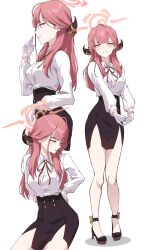 1girl absurdres aru_(blue_archive) black_shoes black_skirt blue_archive blush closed_eyes closed_mouth demon_girl demon_horns from_side gloves hands_on_own_hips high-waist_skirt high_heels highres hikkio horns long_hair looking_at_viewer parted_lips red_hair shirt shoes sidelocks skirt solo white_gloves white_shirt yellow_eyes