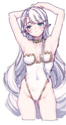 Rule 34 | 1girl, arm behind head, armpits, arms up, bare shoulders, blush, closed mouth, collarbone, covered navel, earrings, female focus, gem, green eyes, highres, jewelry, leotard, long hair, n (m ohkamotoh), necklace, original, simple background, sketch, solo, sweat, very long hair, white background, white hair, white leotard