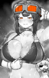 Rule 34 | 2girls, absurdres, ahoge, animal ears, bare shoulders, black hair, breasts, chibi, cleavage, crop top, eyepatch, fake animal ears, gloves, goggles, goggles on head, grace howard, greyscale, hair between eyes, highres, huge breasts, koleda belobog, long hair, monochrome, multiple girls, navel, niwarhythm, orange eyes, sharp teeth, sports bra, spot color, sweat, teeth, unzipping, very sweaty, zenless zone zero, zipper