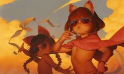 2girls alkemanubis animal_ears braid brown_hair candy cat_ears cat_girl cloud fake_animal_ears flat_chest food highres jacket loli lollipop lollipop_in_mouth long_hair looking_at_viewer multiple_girls original red_jacket short_hair sky sunglasses topless_female twin_braids upper_body