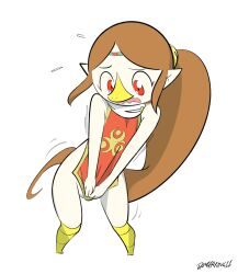 1girl beak boots brown_hair dangerking11 embarrassed flat_chest flying_sweatdrops hairband loli long_hair looking_down medli naked_tabard nintendo open_mouth pointy_ears ponytail red_eyes red_tabard rito standing tabard tabard_tug the_legend_of_zelda the_legend_of_zelda:_the_wind_waker white_background yellow_boots