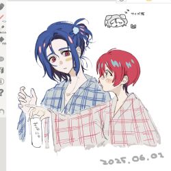 1boy 1girl amate_yuzuriha aqua_eyes art_program_in_frame blue_hair blush can cropped_torso gundam gundam_gquuuuuux hair_ornament highres holding holding_can japanese_clothes kimono long_sleeves open_mouth p_copopo ponytail red_eyes red_hair short_hair shuji_ito simple_background smile white_background wide_sleeves yukata