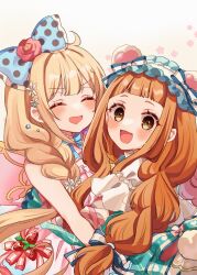 2girls :d ^_^ animal_ears bear_ears blonde_hair blue_bow blush bow braid brown_eyes brown_hair closed_eyes commentary_request dress facing_viewer fake_animal_ears flower frilled_hairband frills futaba_anzu gradient_background grey_background hair_bow hair_flower hair_ornament hairband heart highres ichihara_nina idolmaster idolmaster_cinderella_girls idolmaster_cinderella_girls_starlight_stage looking_at_viewer looking_to_the_side low_twintails multiple_girls open_mouth pink_background polka_dot polka_dot_bow rino_cnc smile striped_bow twin_braids twintails white_dress white_flower white_hairband
