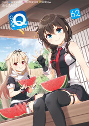 Rule 34 | 2girls, ahoge, black gloves, black hair, black serafuku, black shirt, black skirt, blonde hair, blue eyes, blue sky, braid, cloud, comiket 106, commentary request, dutch angle, feet out of frame, fingerless gloves, gloves, hair flaps, hair over shoulder, highres, kantai collection, long hair, multiple girls, neckerchief, necktie, pleated skirt, red eyes, red neckerchief, red necktie, sailor collar, school uniform, serafuku, shigure (kancolle), shigure kai san (kancolle), shirt, single braid, sitting, skirt, sky, sleeveless, sleeveless shirt, smile, two-tone shirt, watermelong, white sailor collar, wind chime, yume no owari, yuudachi (kancolle), yuudachi kai ni (kancolle)