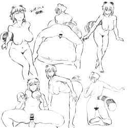 1girl araiguma-san arm_support bar_censor bent_over breasts censored completely_nude cowgirl_position faceless faceless_male feet female_pubic_hair girl_on_top greyscale kneeling large_breasts lineart long_sidelocks monochrome navel nipples nude original pubic_hair pussy short_hair sidelocks simple_background sitting soles standing stomach straddling toes tsukudani_(coke-buta) very_short_hair white_background