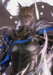 Rule 34 | 1boy, absurdres, animal ears, arknights, armor, black armor, blonde hair, blue ribbon, breastplate, commentary request, ephemeral vii, grey fur, highres, horse boy, horse ears, looking at viewer, male focus, mlynar (arknights), mlynar (roar against the wild) (arknights), official alternate costume, parted bangs, parted lips, pauldrons, ribbon, shoulder armor, smoke, solo, upper body, yellow eyes
