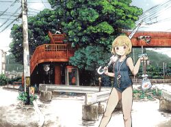 1girl 1other abe_youichi bag blonde_hair blush bridge business_suit chimoguri_ringo_to_kingyobachi_otoko cloud cloudy_sky feet_out_of_frame film_grain fish fishbowl fishbowl_helmet fishbowl_man formal_clothes goldfish gun handgun highres holding holding_bag holding_umbrella lamppost looking_at_viewer object_head official_art pedestrian_bridge phone_booth power_lines rain red_eyes revolver road road_sign short_hair sign sky smile street suit swimsuit town traffic_light tree umbrella weapon