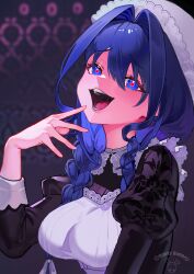 Rule 34 | 1girl, absurdres, apron, black dress, blue eyes, blue hair, braid, dopeybunni, dress, hair intakes, hat, highres, hololive, hololive english, long hair, low twin braids, maid apron, mob cap, official alternate costume, official alternate hairstyle, open mouth, ouro kronii, ouro kronii (maid), red pupils, solo, teeth, twin braids, virtual youtuber, white apron