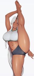 1girl blonde_hair blush breasts bushu_(lvl) dark-skinned_female dark_skin flexible gym_shirt gym_shorts highres horns kneepits large_breasts leg_lift leg_up long_hair lvl_(sentrythe2310) monster_girl navel ogre pointy_ears red_eyes shirt shorts simple_background single_horn solo split sports_bra standing standing_on_one_leg standing_split tall_female thick_thighs thighs very_long_hair white_background