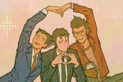 3boys ace_attorney aviator_sunglasses black_hair black_jacket black_necktie black_suit blue_jacket blue_suit blush brown_gloves collared_shirt denim formal_clothes gloves grid_background hair_slicked_back heart heart_arms_duo heart_hands heartgrooooove highres jacket jeans looking_at_viewer male_focus multiple_boys necktie no_more_heroes one_eye_closed open_clothes open_jacket open_mouth pants phoenix_wright pink_background psycho-pass red_jacket red_necktie shirt single_glove sparkle spiked_hair sugou_teppei suit suit_jacket sunglasses sweatdrop torn_clothes torn_jeans torn_pants trait_connection travis_touchdown wristband