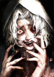 Rule 34 | 1boy, absurdres, black background, black cloak, black nails, black sclera, cloak, colored sclera, finger in own mouth, hand in mouth, highres, hood, hooded cloak, looking at viewer, male focus, mismatched sclera, open mouth, painterly, parted bangs, red eyes, red lips, short hair, solo, takizawa seidou, teeth, tokyo ghoul, tokyo ghoul:re, white hair, white hood, xa8uofivf2mcart