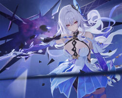 1girl bare_shoulders breasts cleavage dress expressionless floating_hair genshin_impact grey_hair hair_between_eyes hair_ornament highres holding holding_sword holding_weapon large_breasts long_hair prosthesis prosthetic_arm red_eyes serie_niai skirk_(genshin_impact) solo sword very_long_hair weapon white_dress