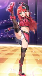 Rule 34 | 1girl, ankle bow, ankle ribbon, black gloves, black thighhighs, bow, crop top, elbow gloves, gloves, green eyes, highres, idol clothes, kamuchin soda, leg up, long hair, midriff, open mouth, panties, pretty rhythm, pretty rhythm rainbow live, pretty series, red bow, red hair, red shoes, red skirt, renjouji beru, ribbon, shoes, skirt, smile, stage, thighhighs, underwear, white panties, wrist bow