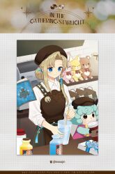1girl absurdres blonde_hair blony_(mabinogi) blue_eyes book hair_bun highres indoors lessojin mabinogi sheep shop single_hair_bun stuffed_toy
