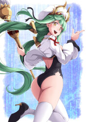 1girl :d ass azur_lane black_leotard black_shoes cross-shaped_pupils from_behind giant_brush green_hair high_heels highres holding holding_brush horned_hat leotard long_hair looking_at_viewer looking_back low_twintails open_mouth paintbrush raffaello_(azur_lane) shiruppo shoes shrug_(clothing) smile solo symbol-shaped_pupils thighhighs twintails very_long_hair white_hair white_shrug white_thighhighs x_x yellow_eyes